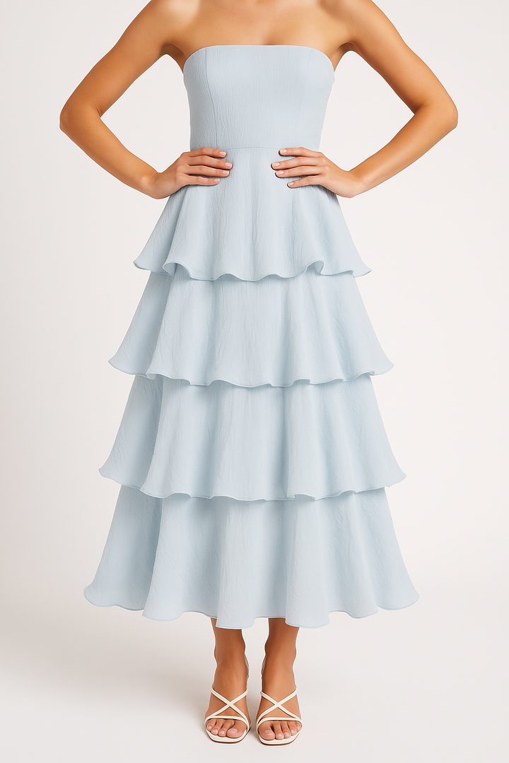 Women’s Strapless Midi Dress – Fitted Bodice – Tiered Ruffle Skirt – Lightweight Flowing Fit