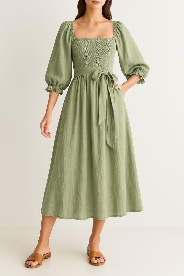 Women’s Midi Dress – Smocked Bodice – Puff Sleeve – Square Neck – Belted Waist