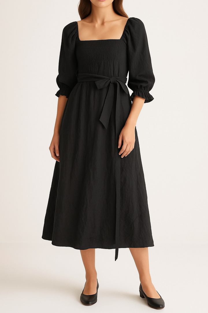 Women’s Midi Dress – Smocked Bodice – Puff Sleeve – Square Neck – Belted Waist