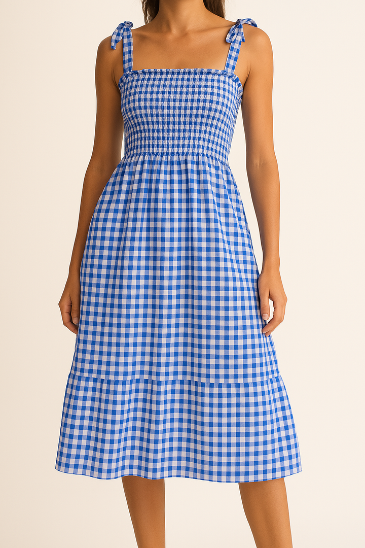Women’s Midi Dress – Gingham Pattern – Smocked Bodice – Tie Strap – A-Line Fit