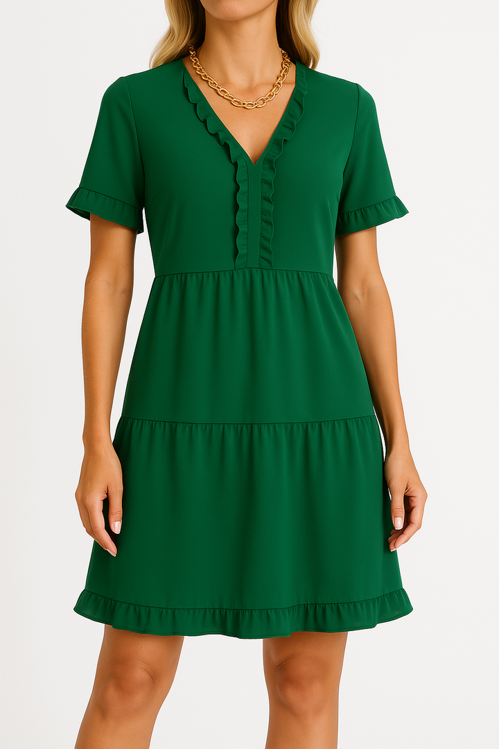 Women’s A-Line Dress – V-Neck – Ruffle Trim – Tiered Hem – Relaxed Fit – Short Sleeve