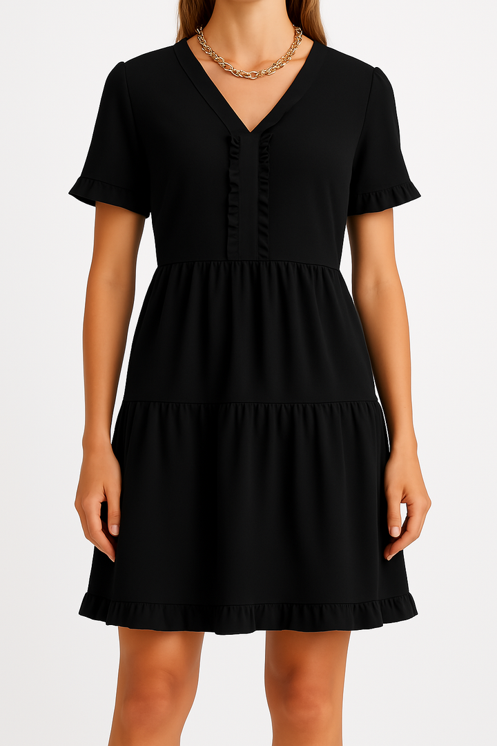 Women’s A-Line Dress – V-Neck – Ruffle Trim – Tiered Hem – Relaxed Fit – Short Sleeve
