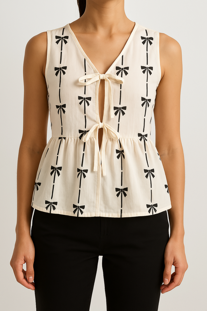 Women’s Sleeveless Peplum Top – V-Neck Tie Front – Lightweight Fitted Silhouette