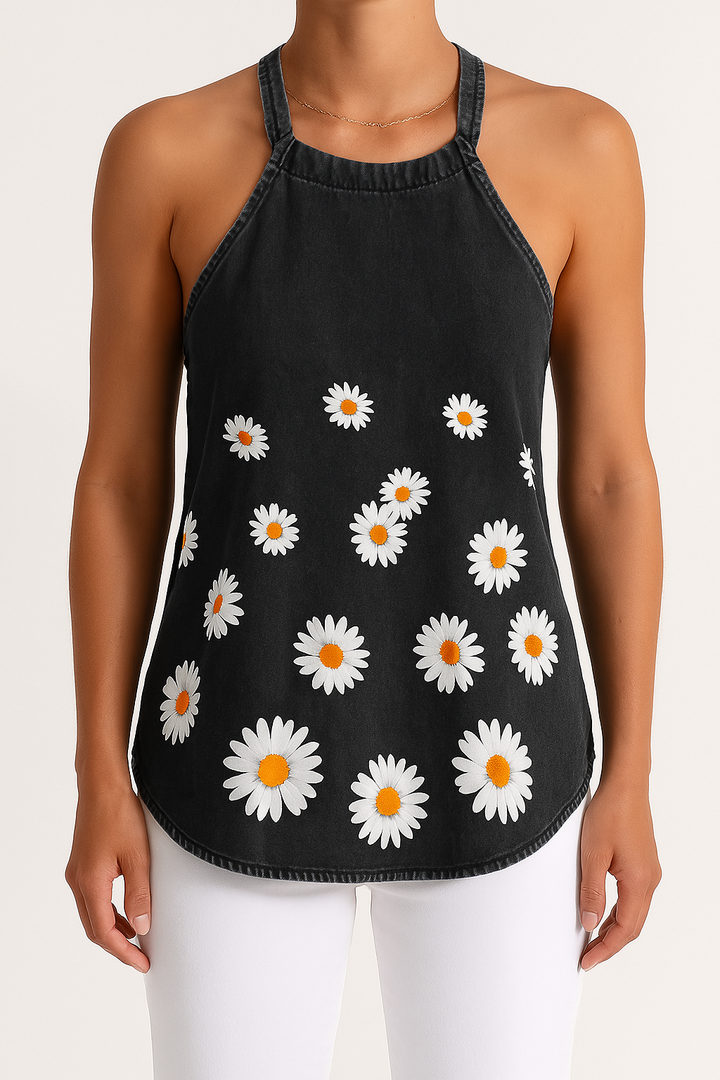 Women’s Camisole Top – Lightweight Denim – Relaxed Fit – Spaghetti Straps – Daisy Embroidery