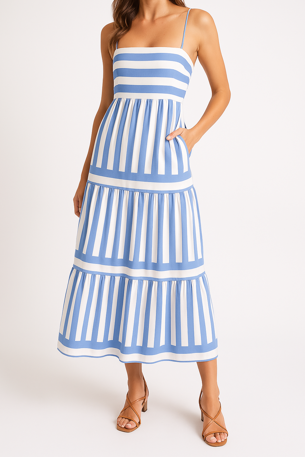 Women’s Maxi Dress – Cotton – Tiered Skirt – Striped – Spaghetti Strap – Flowy Fit