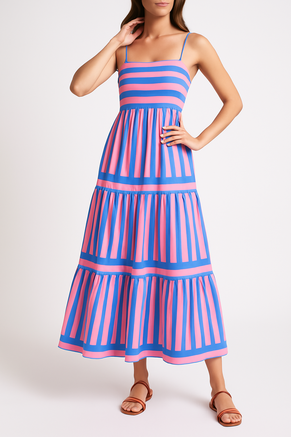 Women’s Maxi Dress – Cotton – Tiered Skirt – Striped – Spaghetti Strap – Flowy Fit