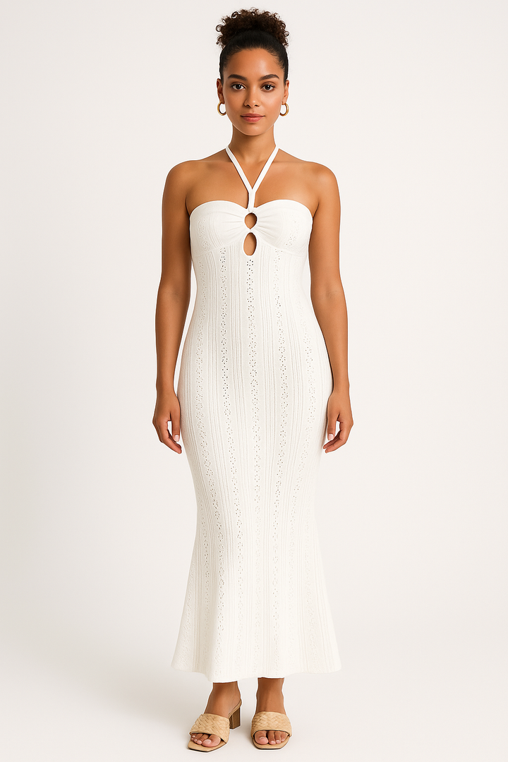 Women’s Halter Neck Gown - Slim Fit - High Waist - Fishtail Hem - Crochet Detailing
