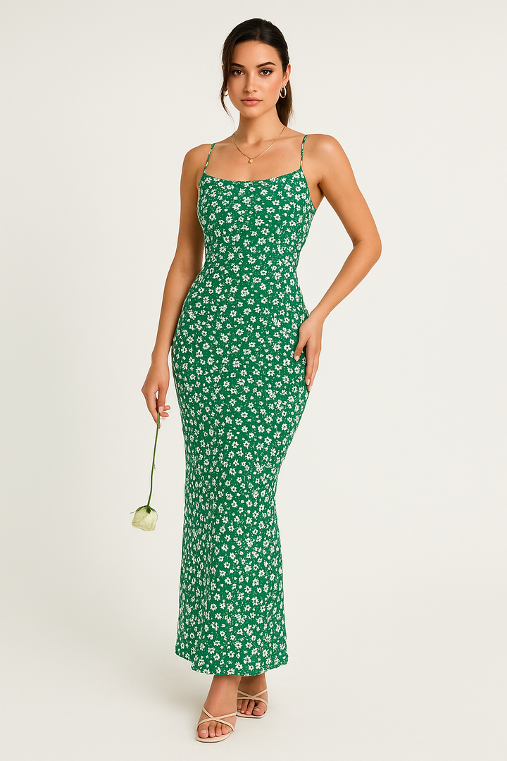 Women’s Maxi Dress – Fitted Silhouette – Square Neckline – Spaghetti Straps – Floral Print