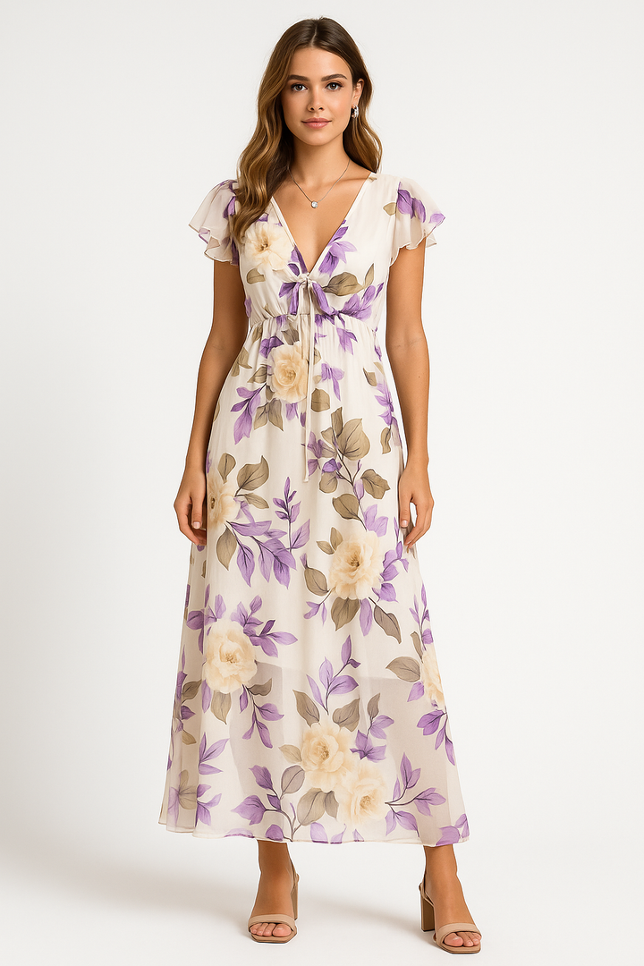 Women’s Maxi Dress – Lightweight Fabric – V-Neck – Flutter Sleeves – Relaxed Fit