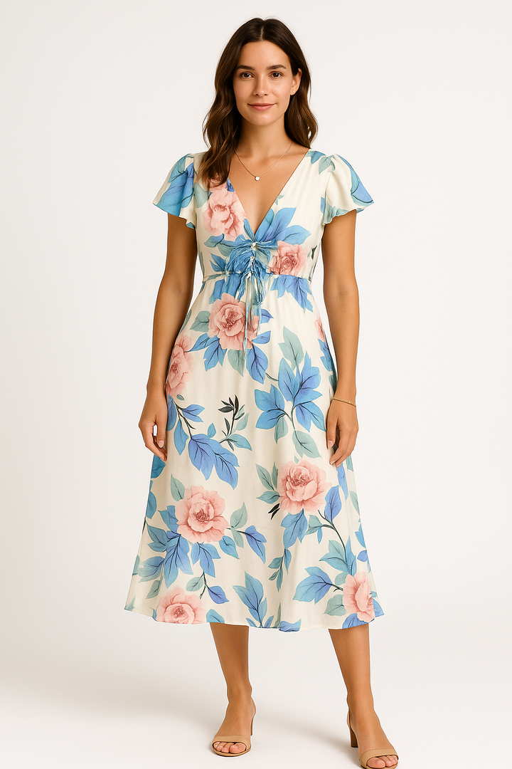 Women’s Maxi Dress – Lightweight Fabric – V-Neck – Flutter Sleeves – Relaxed Fit