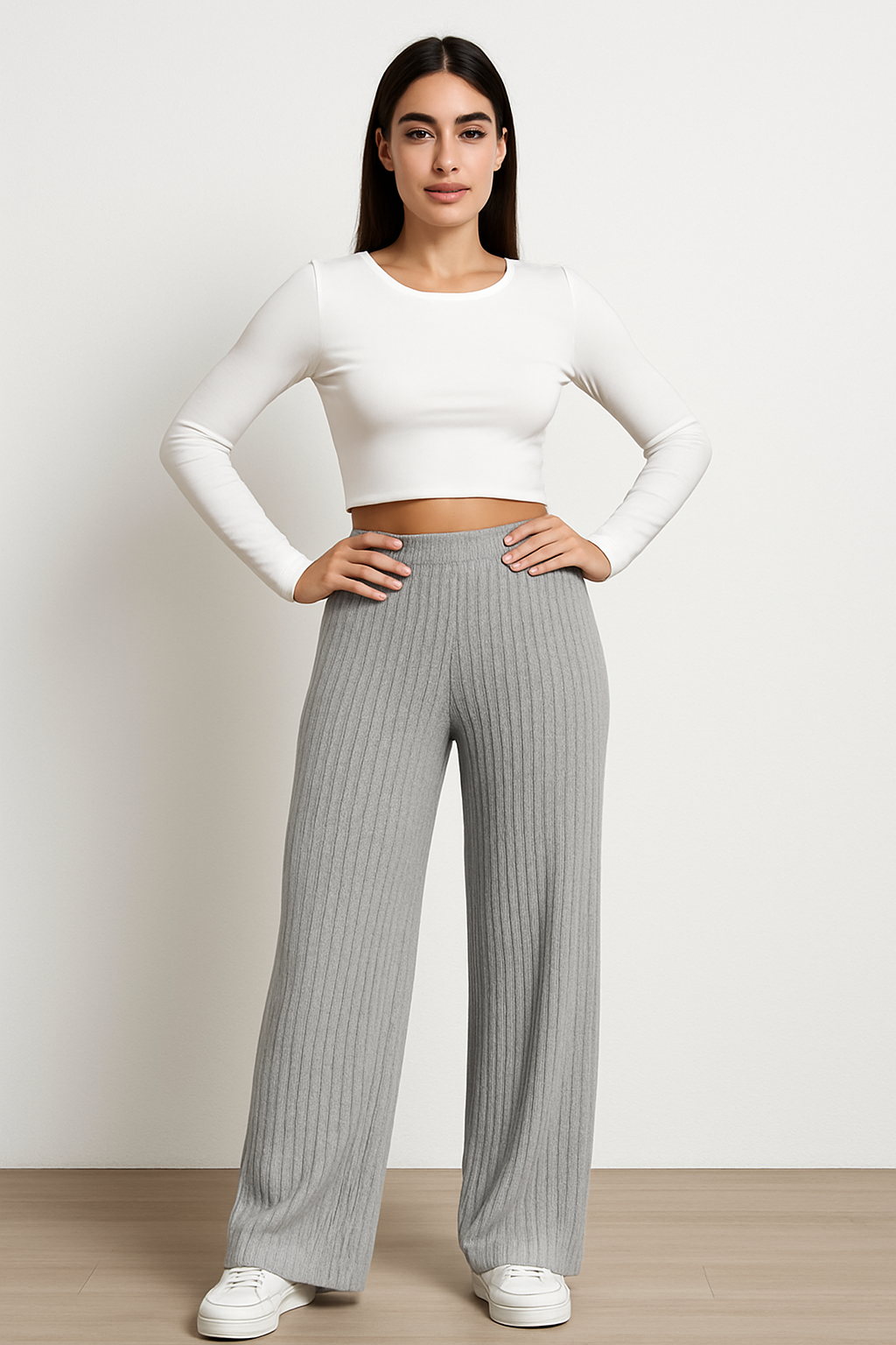 Women’s Wide-Leg Pants – Ribbed Knit – High Waist – Full Length – Relaxed Fit