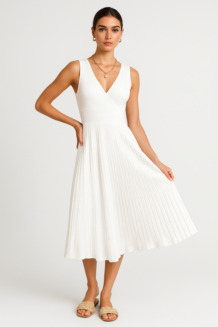Women’s Midi Dress – Soft Knit – Sleeveless – V-Neck – High Waist – Pleated A-Line