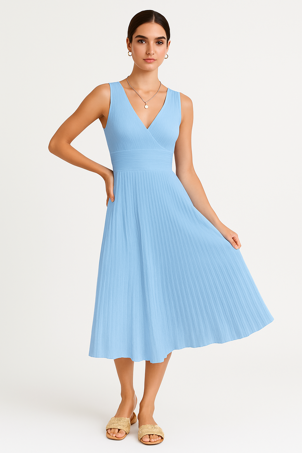 Women’s Midi Dress – Soft Knit – Sleeveless – V-Neck – High Waist – Pleated A-Line