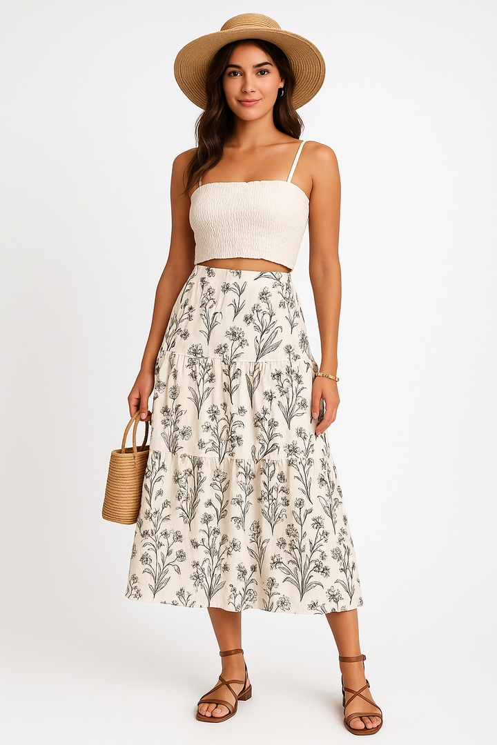 Women’s Midi Skirt – Lightweight Cotton – Tiered Flowy Fit – Elastic Waist Casual Wear