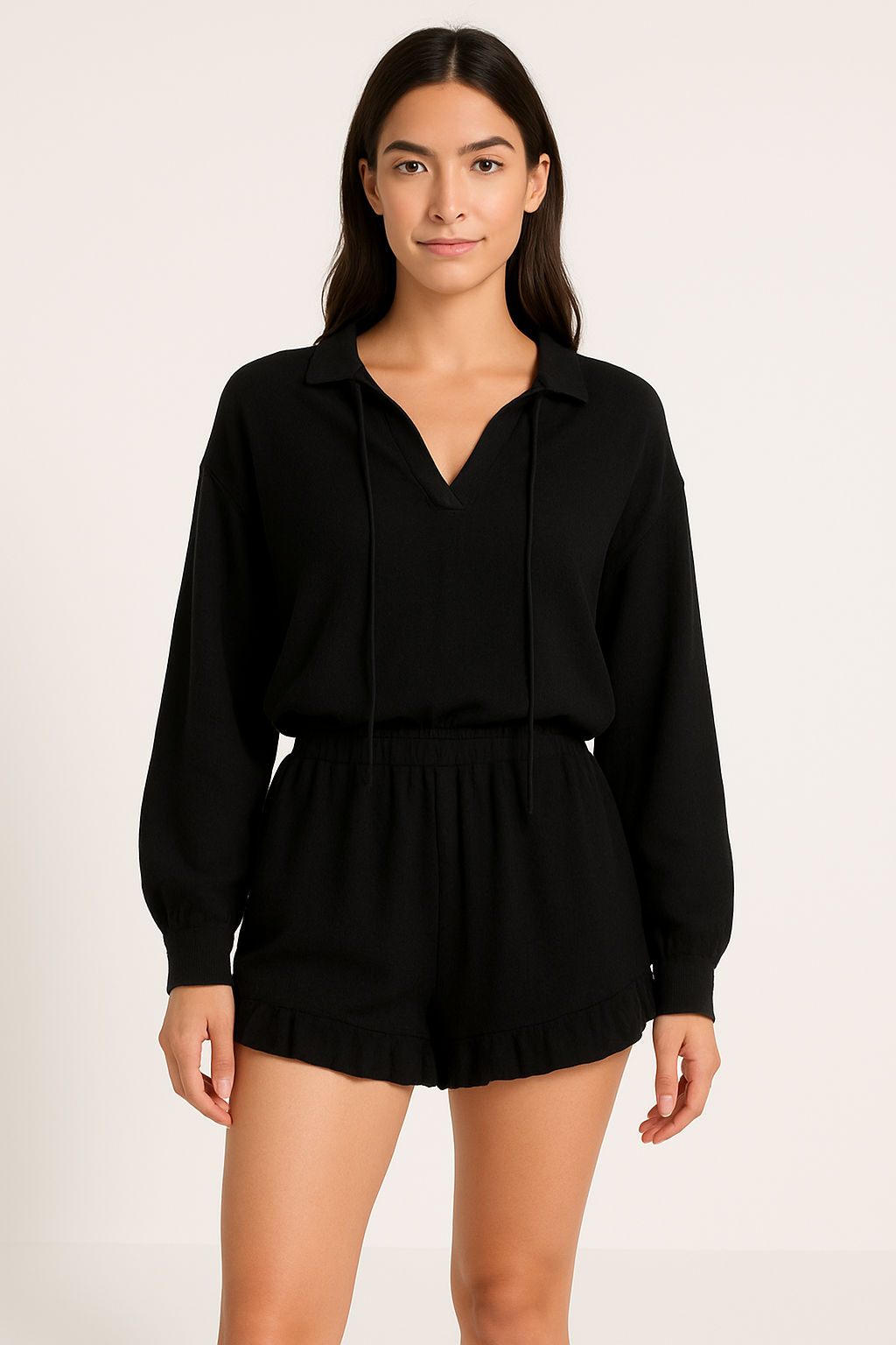 Women’s Two-Piece Set – V-Neck Balloon Sleeve Top – Ruffle Hem Relaxed Shorts – Breathable Blend