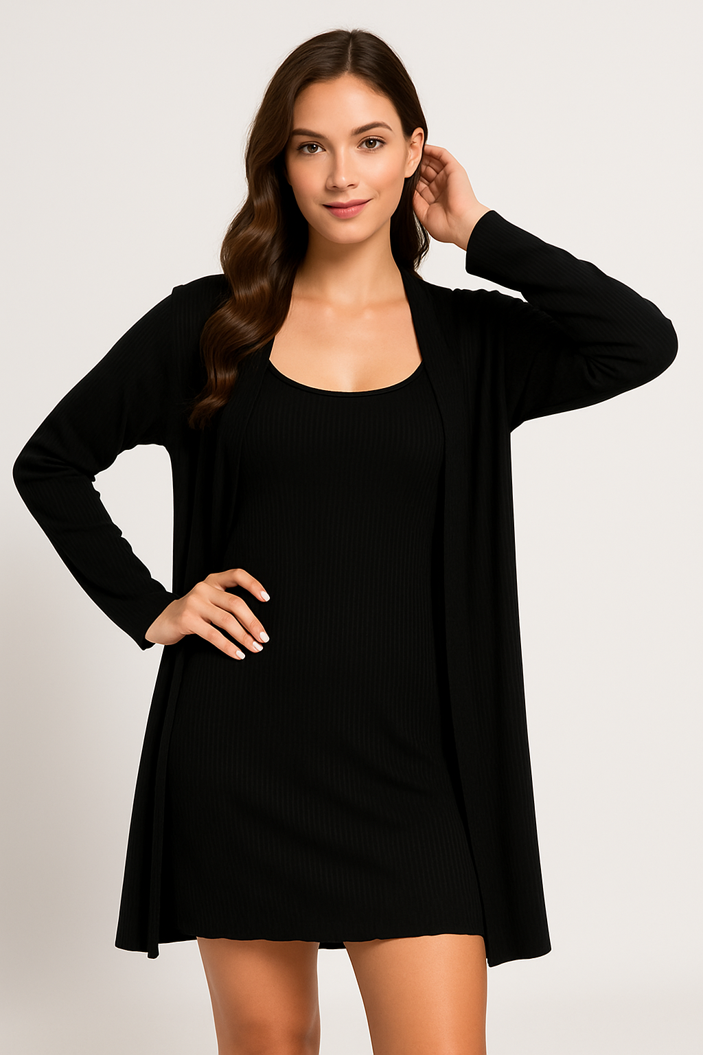 Women’s Loungewear Set – Soft Ribbed Knit – Slim Fit Sleep Dress & Relaxed Robe