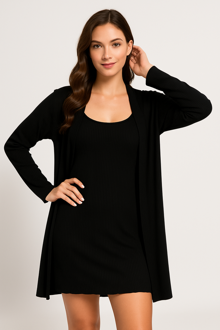 Women’s Loungewear Set – Soft Ribbed Knit – Slim Fit Sleep Dress & Relaxed Robe