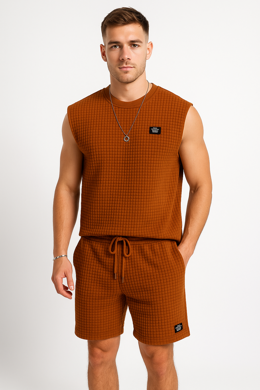 Men’s Sleeveless Lounge Set – Soft Waffle Knit – Relaxed Fit – Breathable Casual Wear