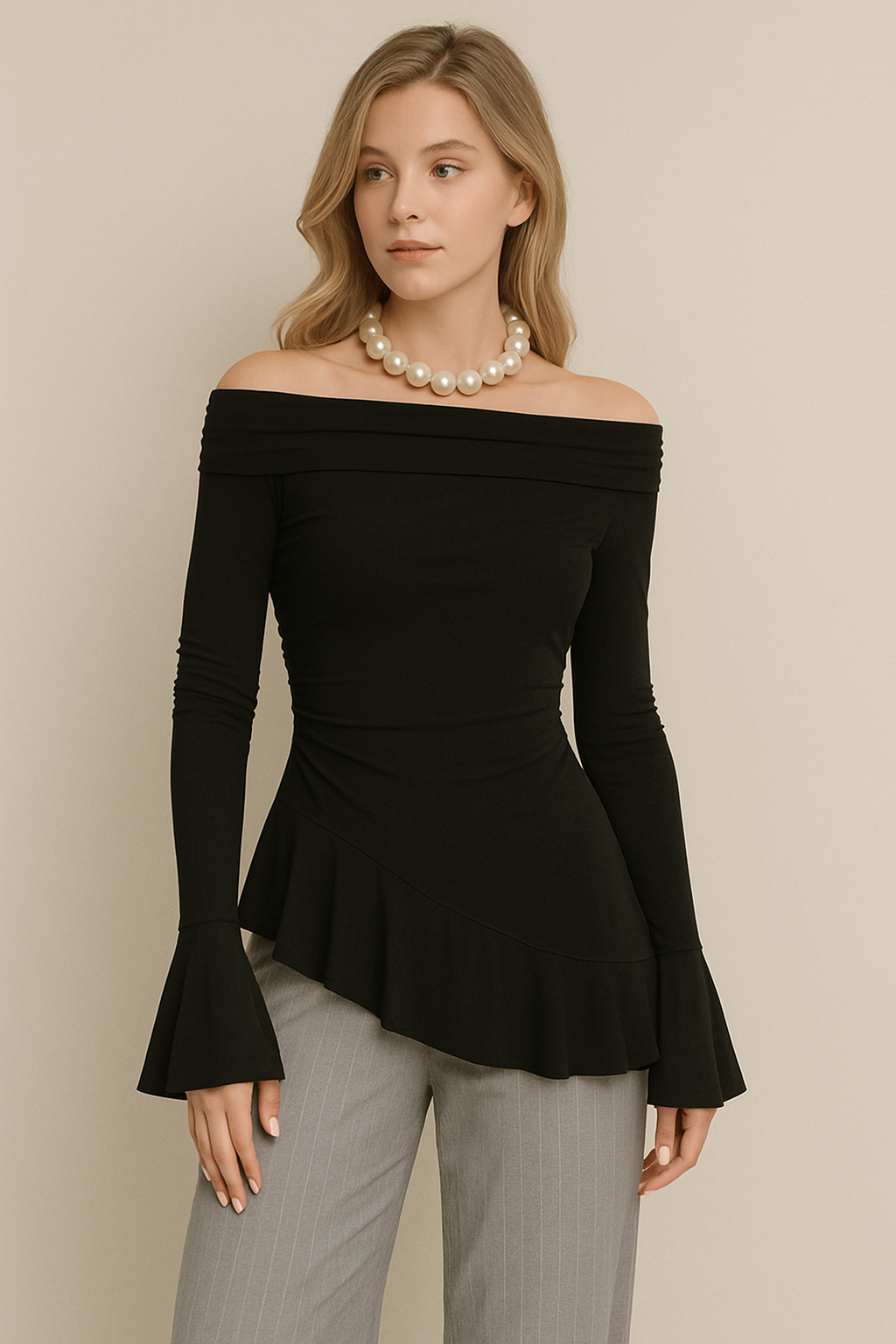 Women’s Off-Shoulder Top – Slim Fit – Ruffle Sleeve – Stretch Fabric
