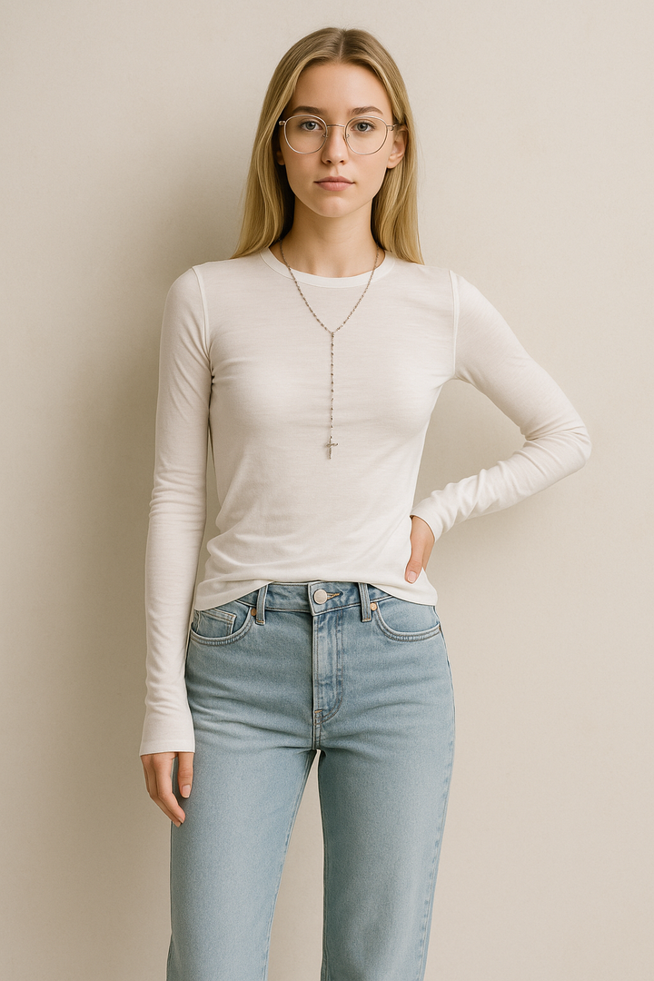 Women’s Long Sleeve Top – Slim Fit – Soft Stretch Knit – Round Neck