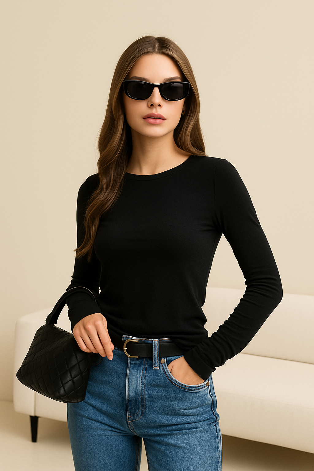 Women’s Long Sleeve Top – Slim Fit – Soft Stretch Knit – Round Neck