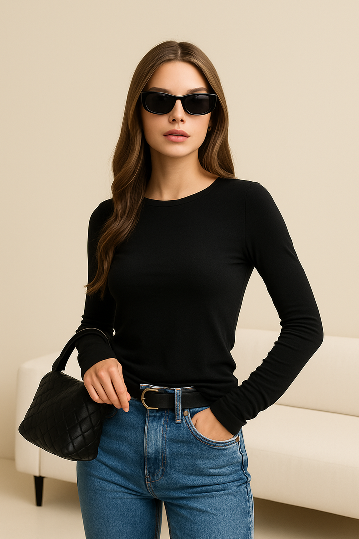 Women’s Long Sleeve Top – Slim Fit – Soft Stretch Knit – Round Neck