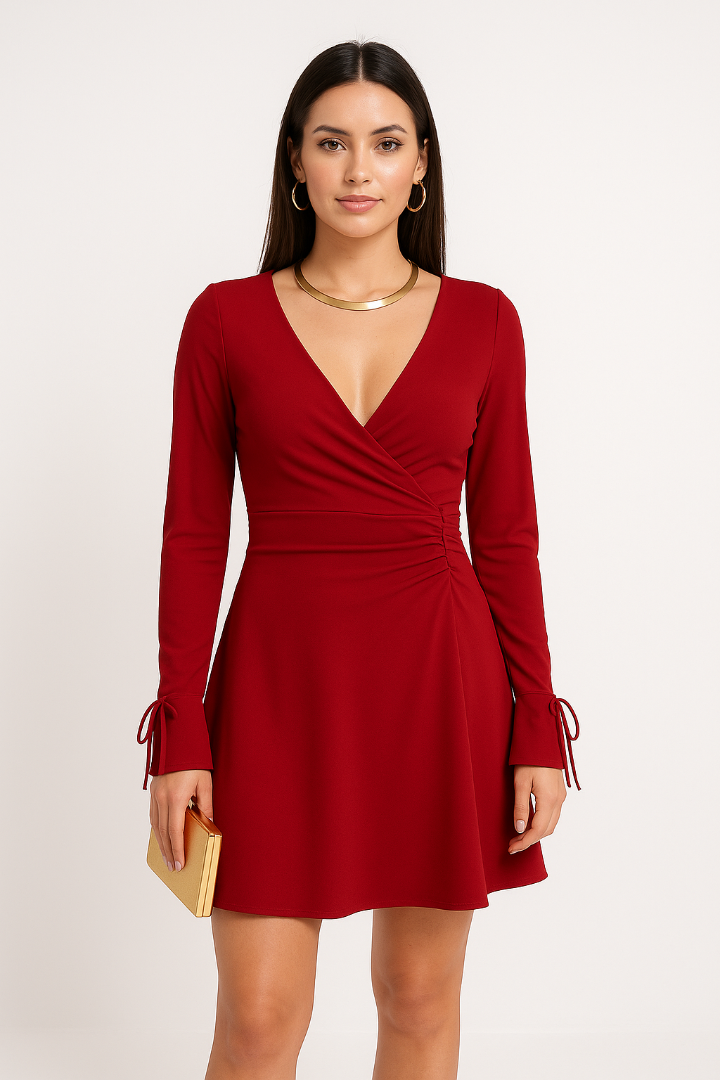 Women’s Mini Dress – Slim Fit – Deep V Neck – Long Sleeve – Backless – Ruched Detail - Flared Cuffs