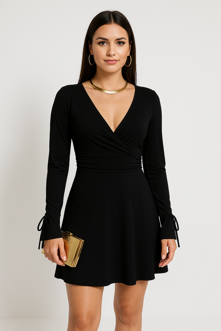 Women’s Mini Dress – Slim Fit – Deep V Neck – Long Sleeve – Backless – Ruched Detail - Flared Cuffs