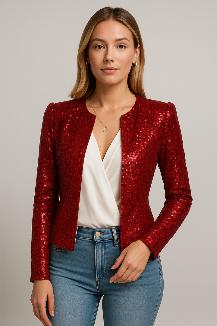 Women’s Jacket – Tailored Fit – Sequin Embellished – Long Sleeve - Open Neckline