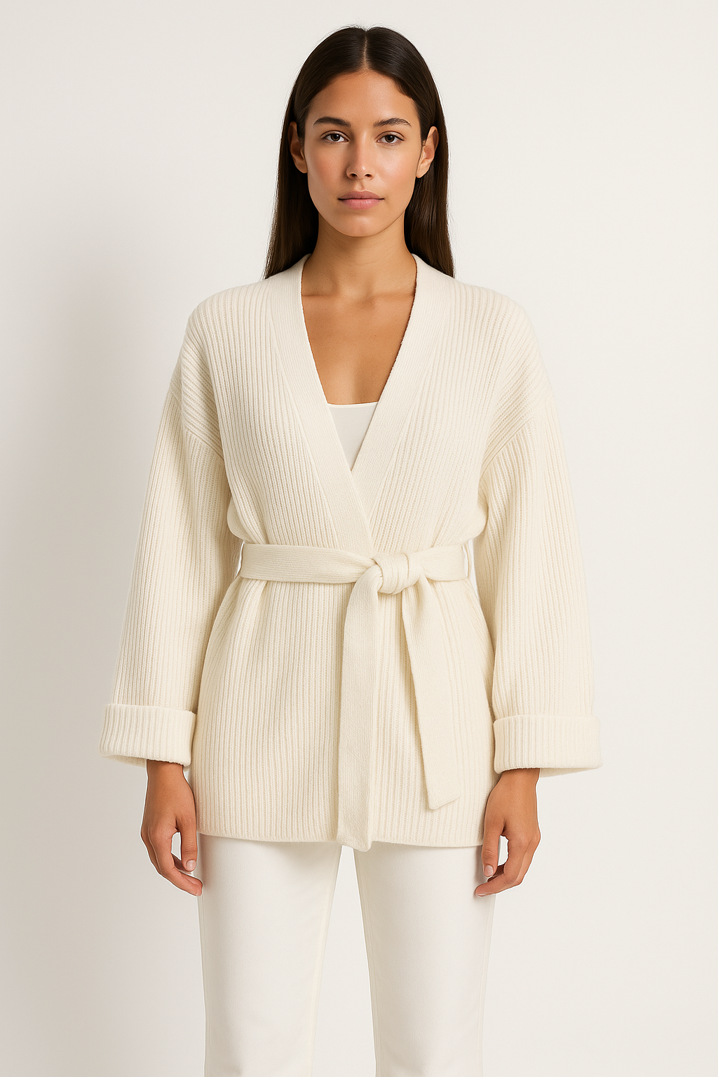 Women’s Knitted Cardigan - Oversized Fit - Ribbed Texture - V-Neck - Tie Waist - Long Sleeve