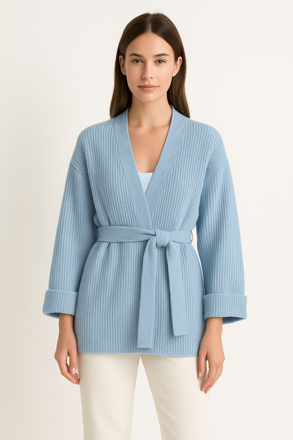 Women’s Knitted Cardigan - Oversized Fit - Ribbed Texture - V-Neck - Tie Waist - Long Sleeve