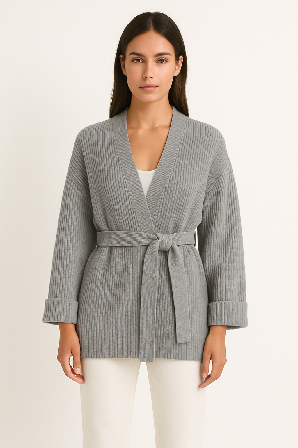 Women’s Knitted Cardigan - Oversized Fit - Ribbed Texture - V-Neck - Tie Waist - Long Sleeve