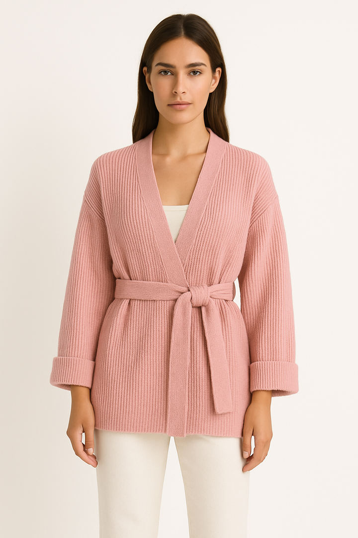 Women’s Knitted Cardigan - Oversized Fit - Ribbed Texture - V-Neck - Tie Waist - Long Sleeve