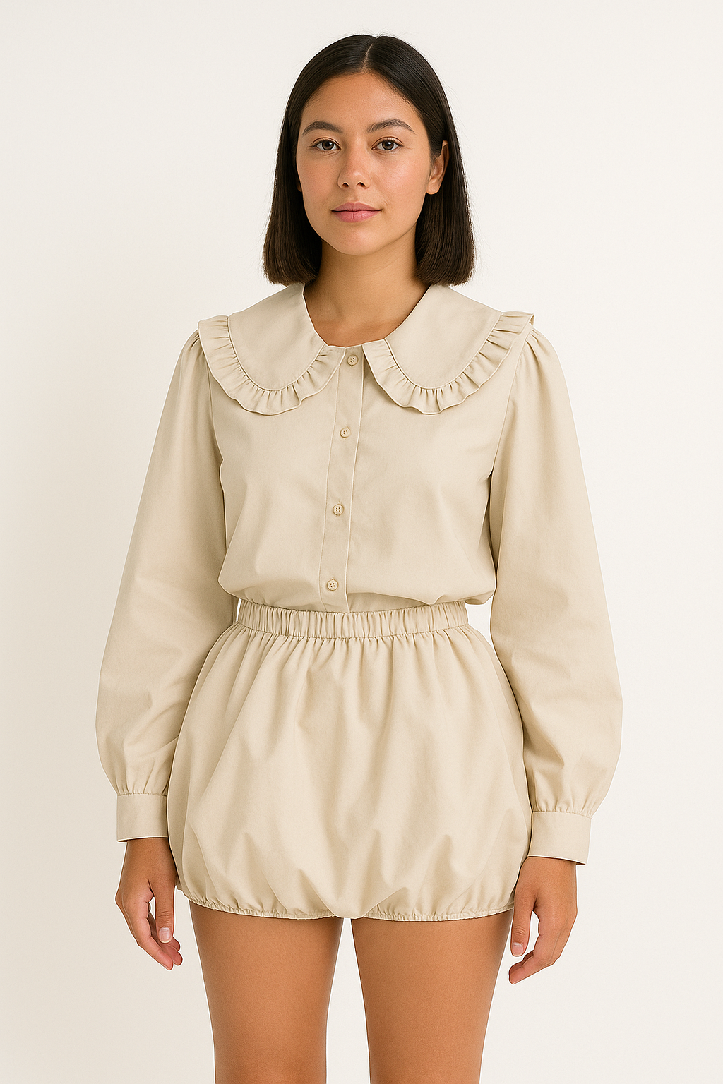 Women’s Blouse - Cotton Blend - Oversized Fit - Ruffled Collar - Long Sleeve Button Down