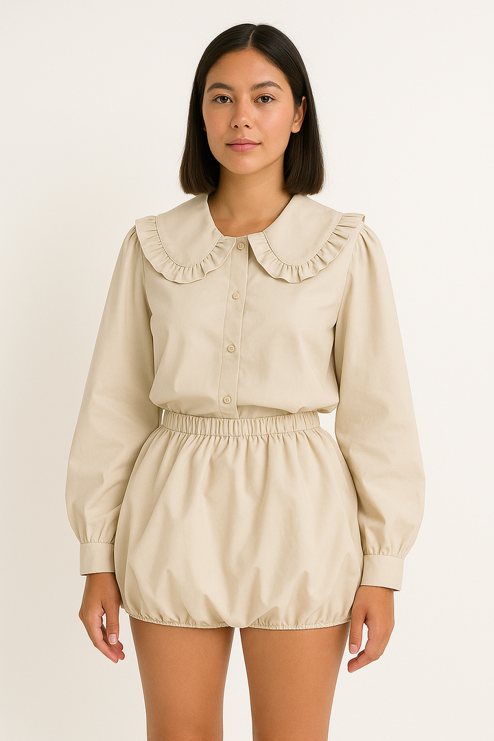 Women’s Blouse - Cotton Blend - Oversized Fit - Ruffled Collar - Long Sleeve Button Down