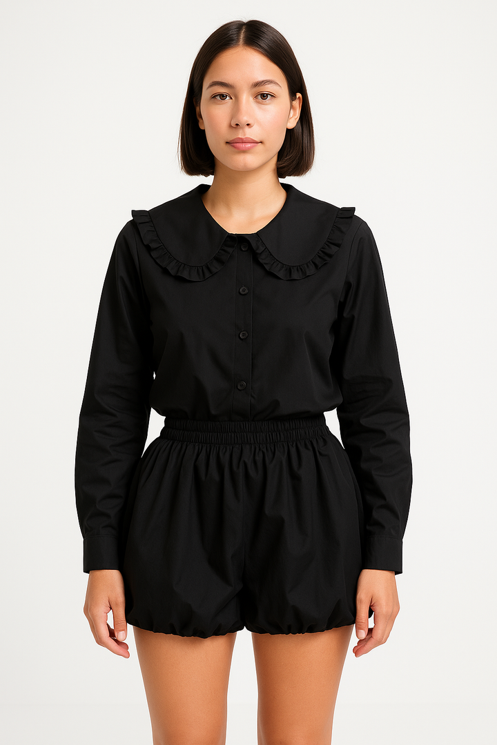 Women’s Blouse - Cotton Blend - Oversized Fit - Ruffled Collar - Long Sleeve Button Down