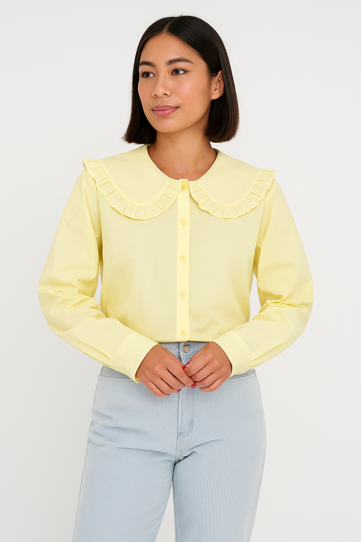 Women’s Blouse - Cotton Blend - Oversized Fit - Ruffled Collar - Long Sleeve Button Down