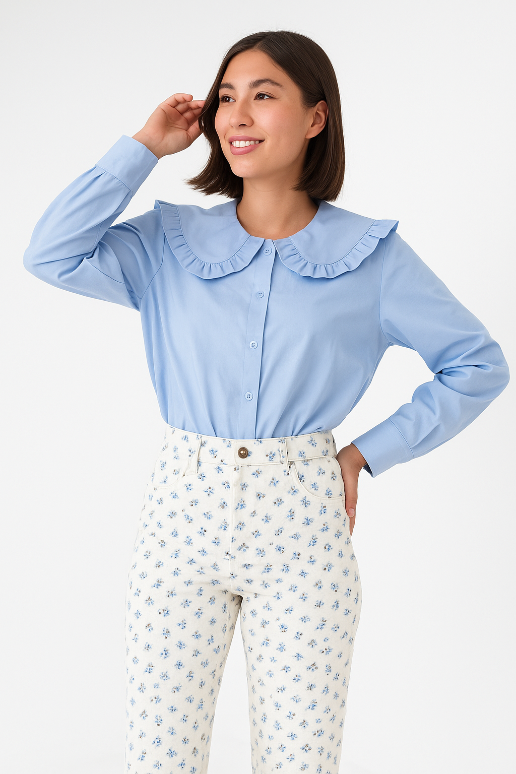 Women’s Blouse - Cotton Blend - Oversized Fit - Ruffled Collar - Long Sleeve Button Down
