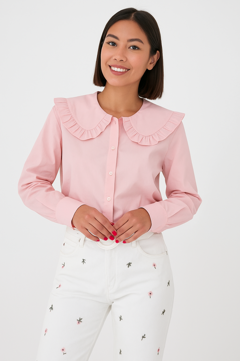 Women’s Blouse - Cotton Blend - Oversized Fit - Ruffled Collar - Long Sleeve Button Down