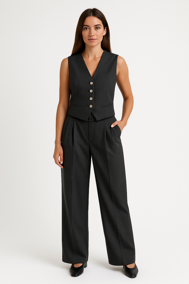 Women’s Vest and Trousers Set – Tailored Fit – High Waist – Wide Leg – Belted Suit Style