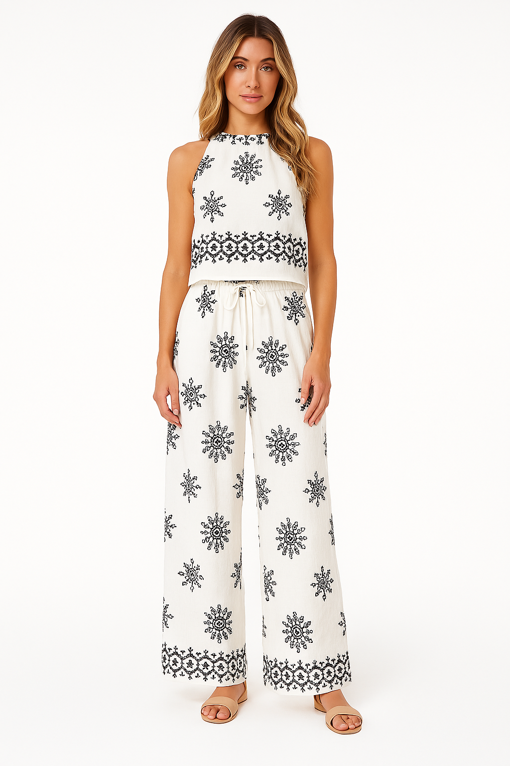 Women’s Two-Piece Set - Embroidered Crop Top and High-Waist Wide-Leg Pants - Relaxed Fit