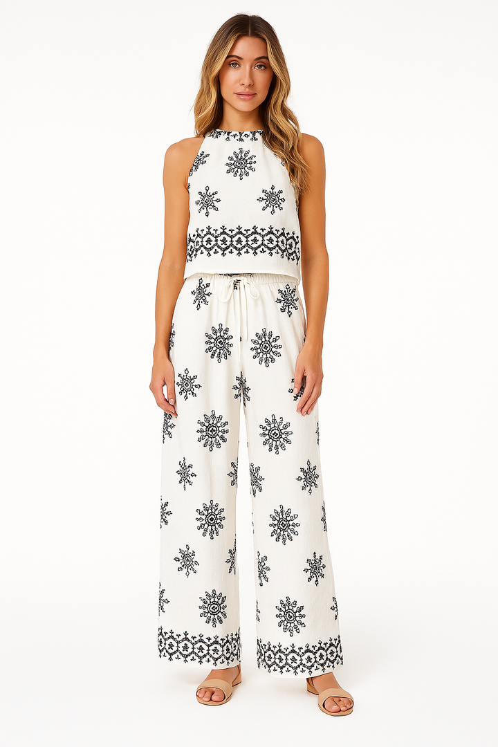 Women’s Two-Piece Set - Embroidered Crop Top and High-Waist Wide-Leg Pants - Relaxed Fit