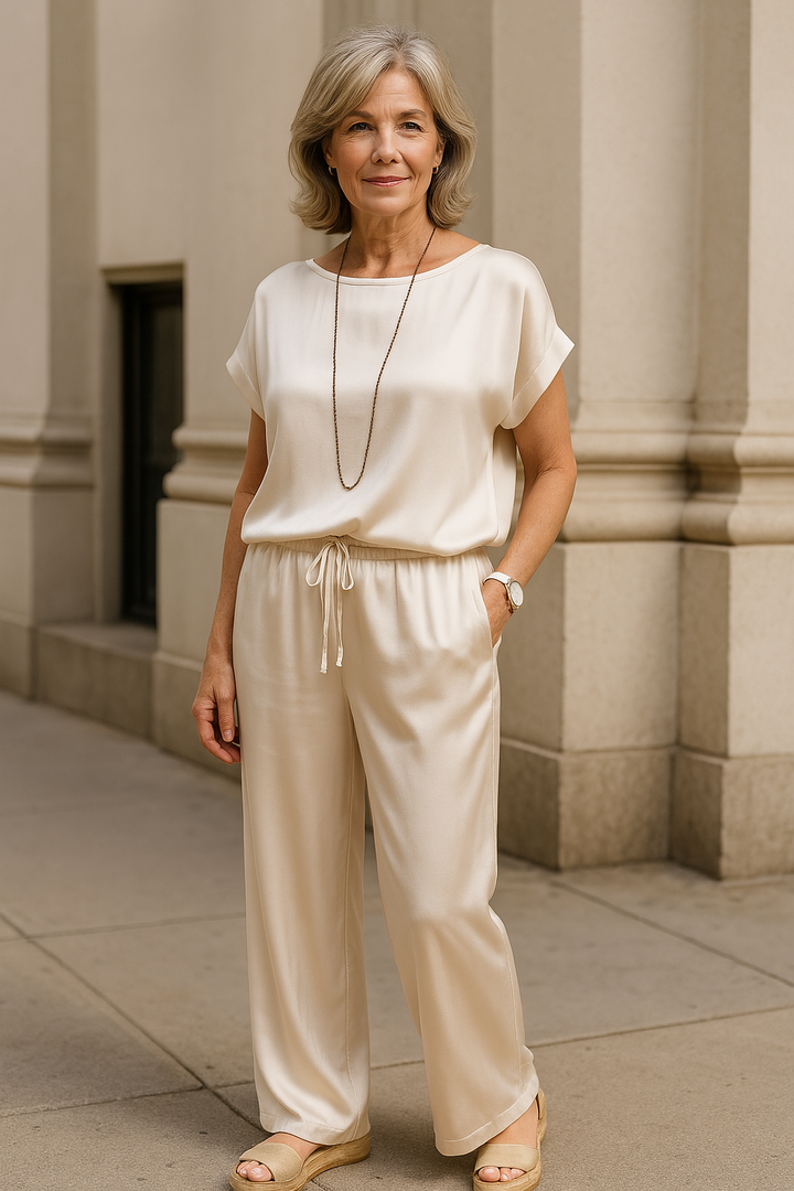 Women’s Two-Piece Set – Relaxed Fit – Wide-Leg Pants – Drawstring Waist