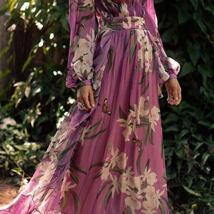 Women's Maxi Dress - Floral Print - Deep V-Neck - Long Sleeve - Elegant & Flowy
