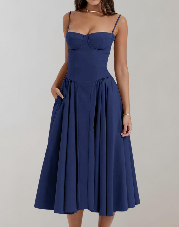 Women's Cocktail Dress - Spaghetti Straps - Fitted Bodice - Flowing Midi Skirt