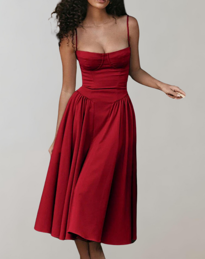 Women's Cocktail Dress - Spaghetti Straps - Fitted Bodice - Flowing Midi Skirt