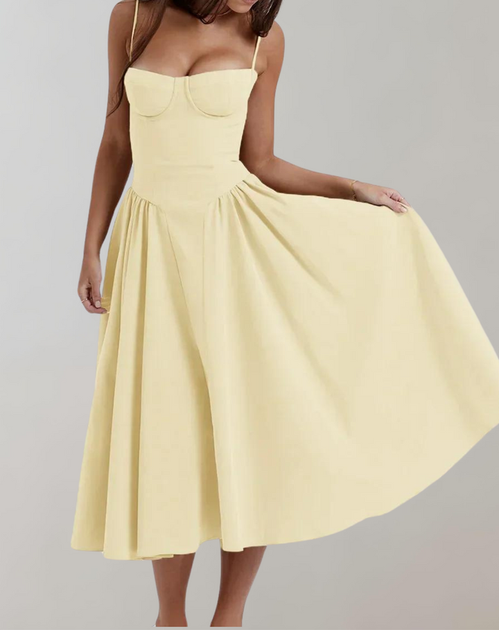 Women's Cocktail Dress - Spaghetti Straps - Fitted Bodice - Flowing Midi Skirt
