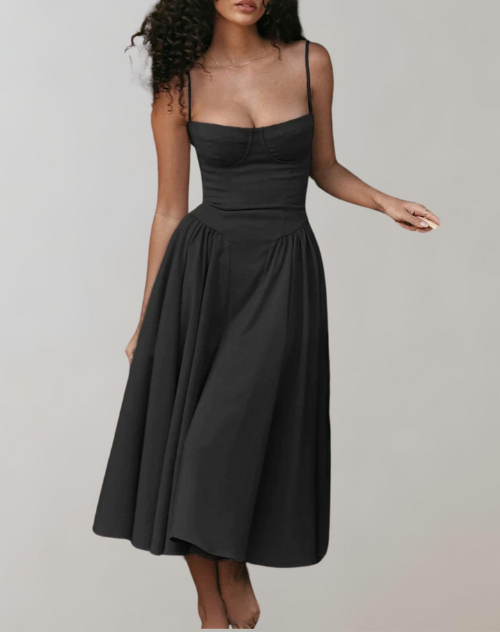 Women's Cocktail Dress - Spaghetti Straps - Fitted Bodice - Flowing Midi Skirt