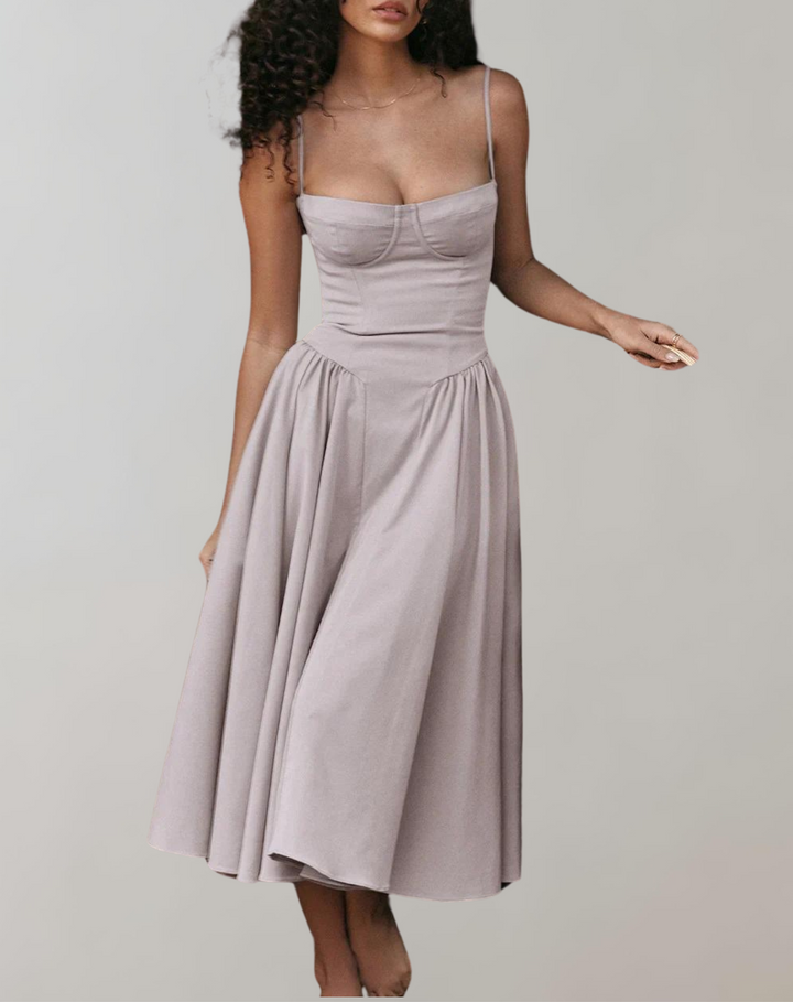 Women's Cocktail Dress - Spaghetti Straps - Fitted Bodice - Flowing Midi Skirt