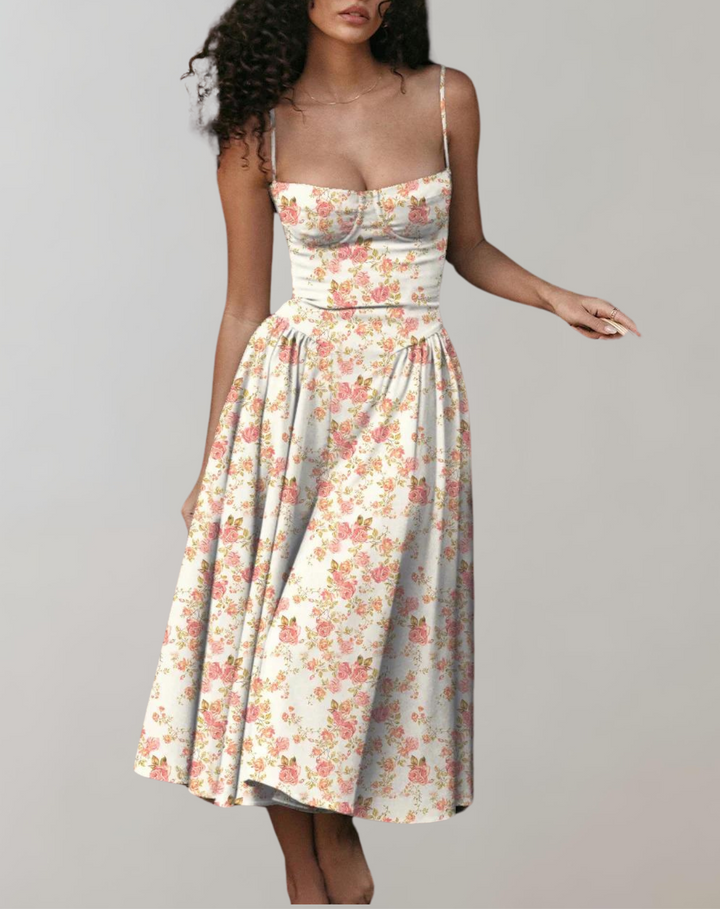Women's Cocktail Dress - Spaghetti Straps - Fitted Bodice - Flowing Midi Skirt